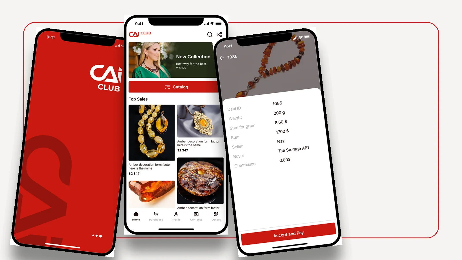 CAI Club Mobile Commerce App mit drei realen UI-Screens