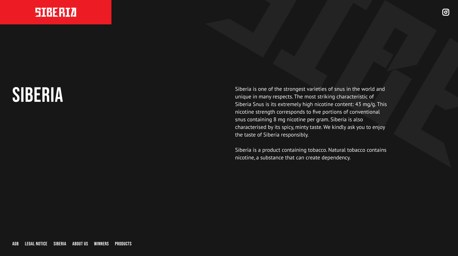 Siberia Snus 2.0 Figma — Home / Hero — Siberia-Branding mit Header-Storyline und rotem Akzent-Block