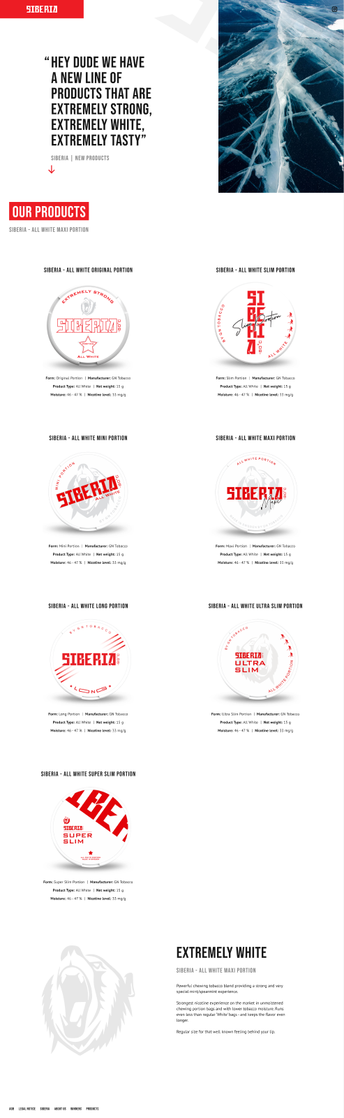 Siberia Snus 2.0 Figma — Products — vertikale Katalog-Architektur mit Produkt-Stärken-Hierarchie und Story-Block